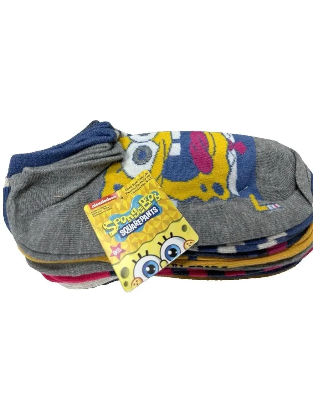 SpongeBob Socks 9 Pairs, Shoe Size 4-10, Grey Pink Blue Yellow, Nickelodeon New